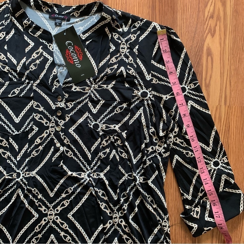 COCOMO XL Black Beige 3/4 sleeve women's Pintuck Blouse tunic shirt - Picture 11 of 12